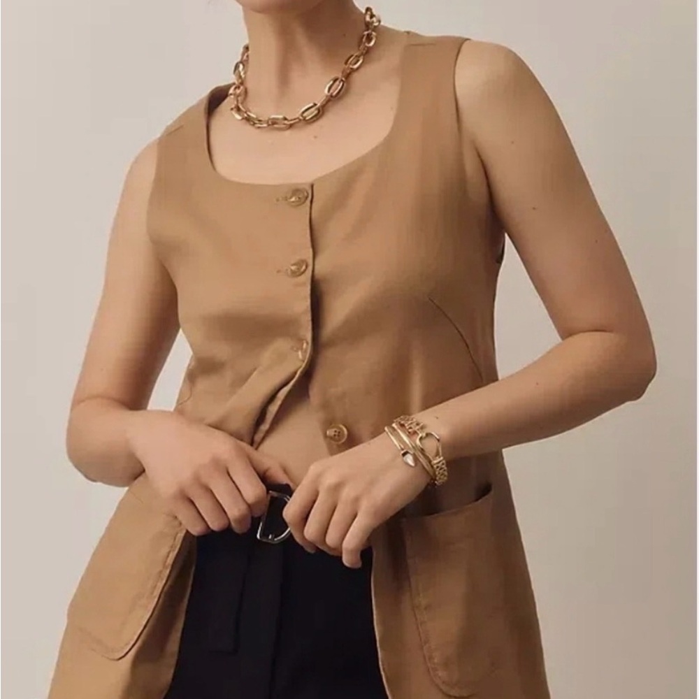 Maeve Tan Sleeveless Button-Front Vest Linen